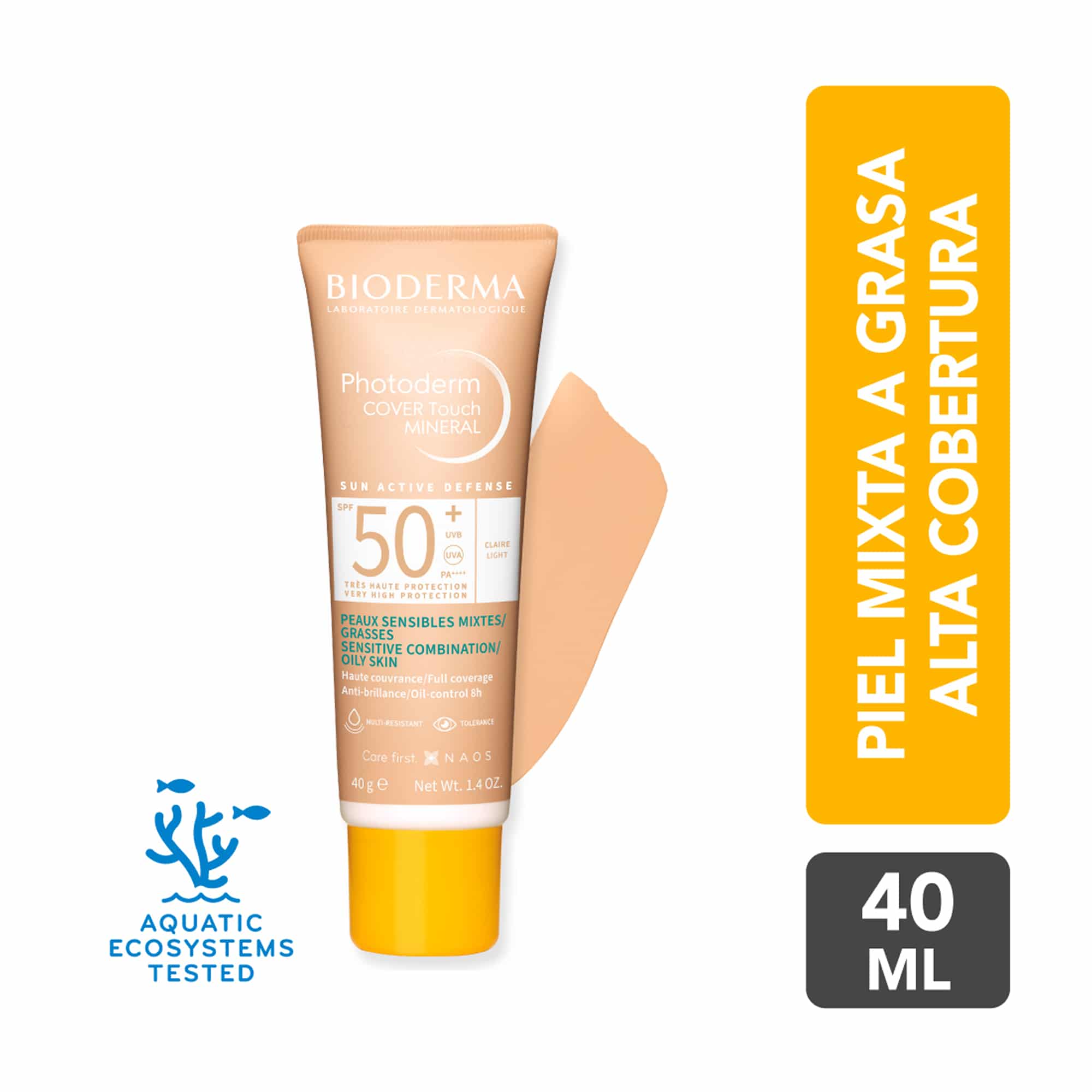 Base fluida con protección solar, cobertura matificante para piel con imperfecciones SPF50+ 40ml – Bioderma Photoderm Cover Touch Claire