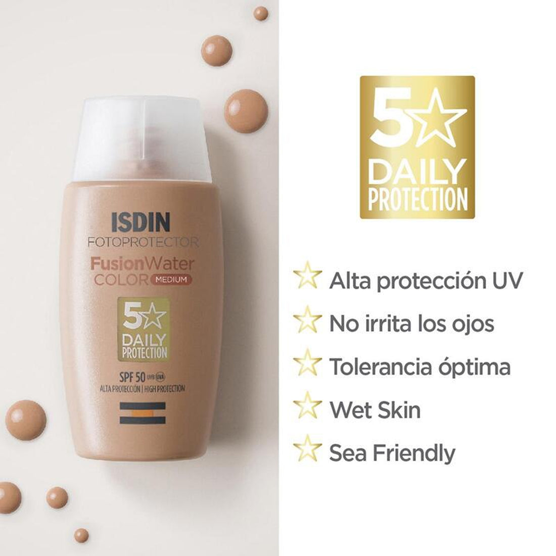 Isdin Fusion Water Color Medium SPF 50 Protector Solar Facial con Color para Piel de Tono Medio 50 ml – Fotoprotección y Maquillaje Diario